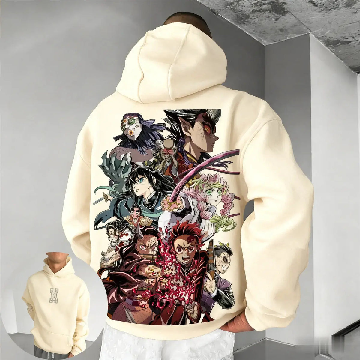 A cozy Muichiro Tokito Hoodie made of fleece, featuring a loose fit Mist Hashira design for men, women, and children.