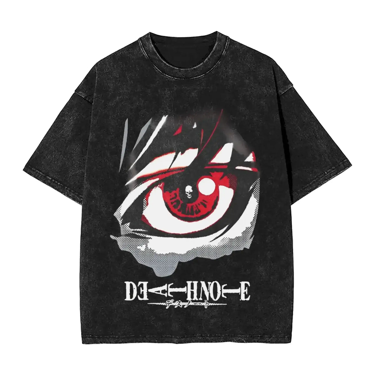 L Lawliet T-Shirt Death Note vintage washed cotton graphic tee with oversized fit O-neck collar and drop-shoulder short sleeves front view