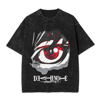 L Lawliet T-Shirt Death Note vintage washed cotton graphic tee with oversized fit O-neck collar and drop-shoulder short sleeves front view
