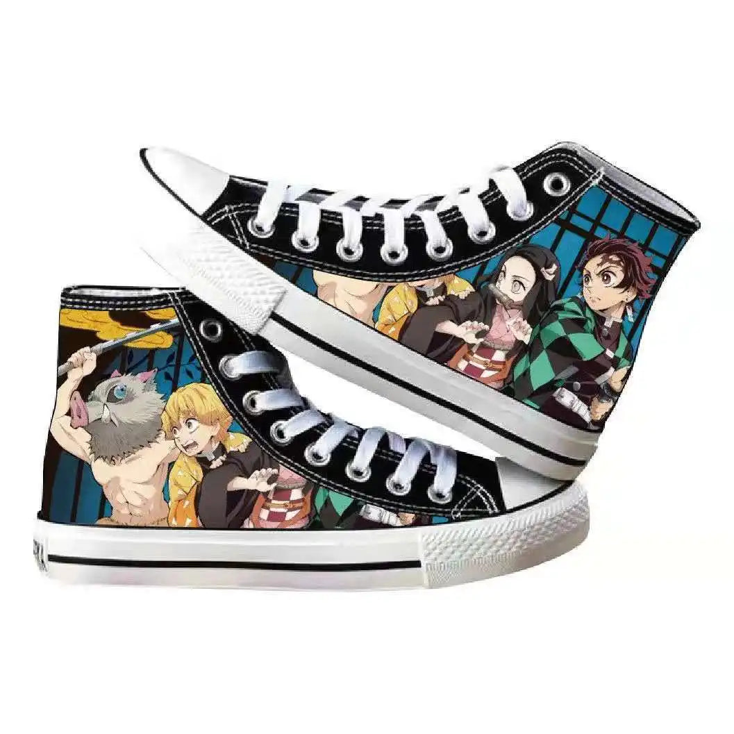 High-top Demon Slayer Canvas Shoes featuring Tanjiro Kamado and Jibaku Shounen Hanako-kun anime prints for casual fashion.
