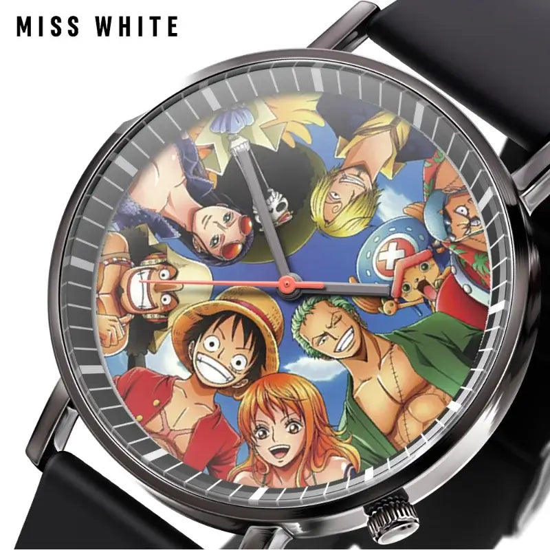 A colorful One Piece Luffy Watch featuring Fire Fist Ace anime action figure art on the dial, analog quartz movement for kids.