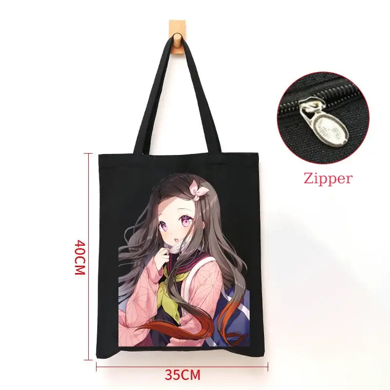 A durable Demon Slayer Canvas Bag featuring Kamado Nezuko and Tanjiro anime graphics, designed as a zipper tote for students and shoppers.