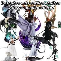 A vibrant Bleach Blind Box packaging revealing highly detailed anime action figures of Kurosaki Ichigo, Sosuke Aizen, and Rukia Kuchiki for collector display.