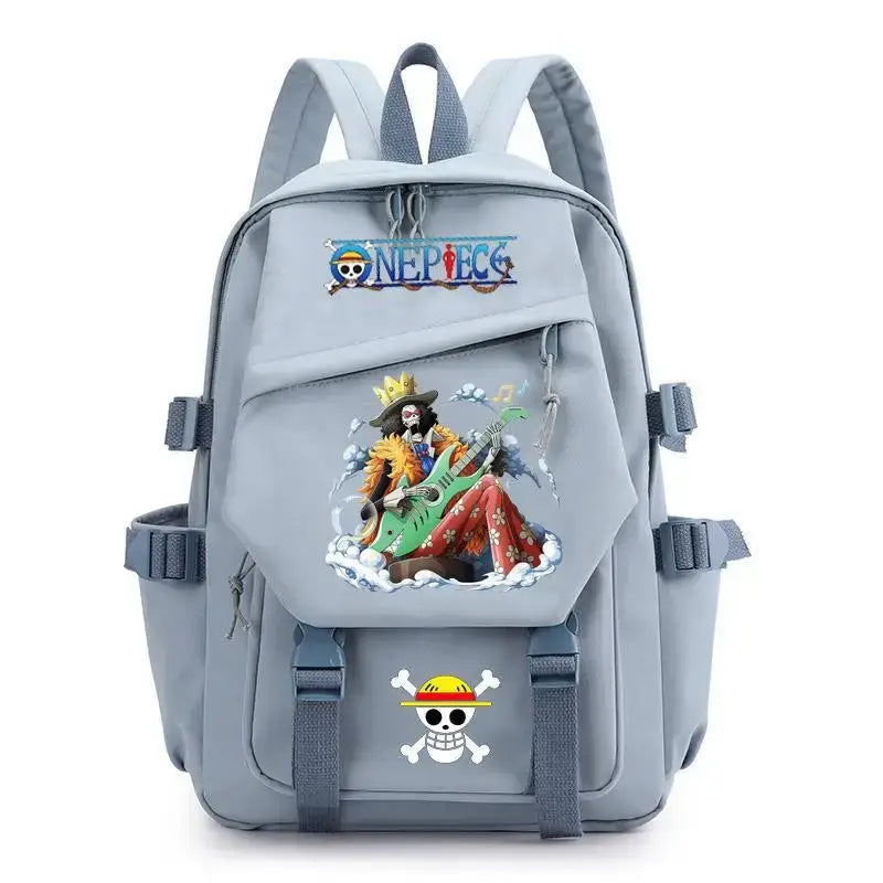 A lightweight canvas One Piece Backpack featuring kawaii anime characters, suitable for school, travel, and carrying a laptop computer.