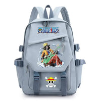 A lightweight canvas One Piece Backpack featuring kawaii anime characters, suitable for school, travel, and carrying a laptop computer.