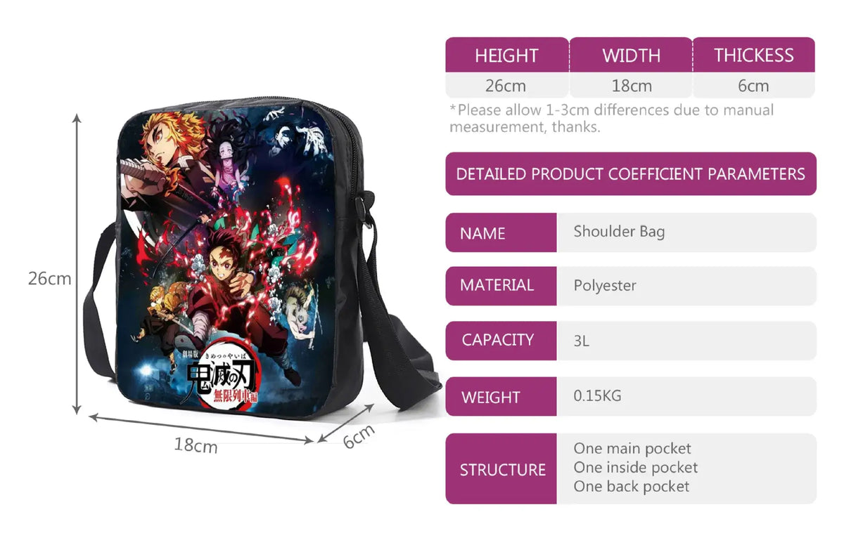 A pink Demon Slayer Backpack 3-piece set featuring Kamado Nezuko anime art, including a schoolbag, shoulder bag, and pencil case for students.