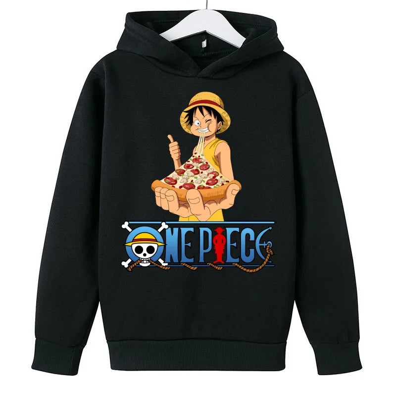 A trendy One Piece Kids Hoodie featuring cartoon graphic prints of Luffy and Zoro, designed as a casual spring and autumn pullover for children.