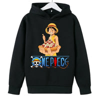 A trendy One Piece Kids Hoodie featuring cartoon graphic prints of Luffy and Zoro, designed as a casual spring and autumn pullover for children.