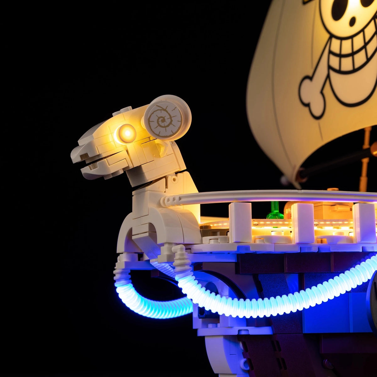 A Going Merry LED Light Set illuminating the 75639 pirate ship building block model, showcasing glowing cabins and deck lights.