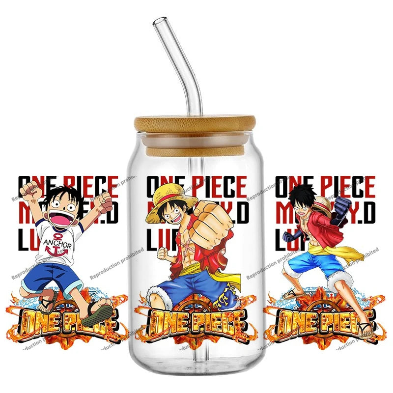 A collection of the newest 31 designs of popular One Piece UV DTF Stickers for a 16oz glass cup.
