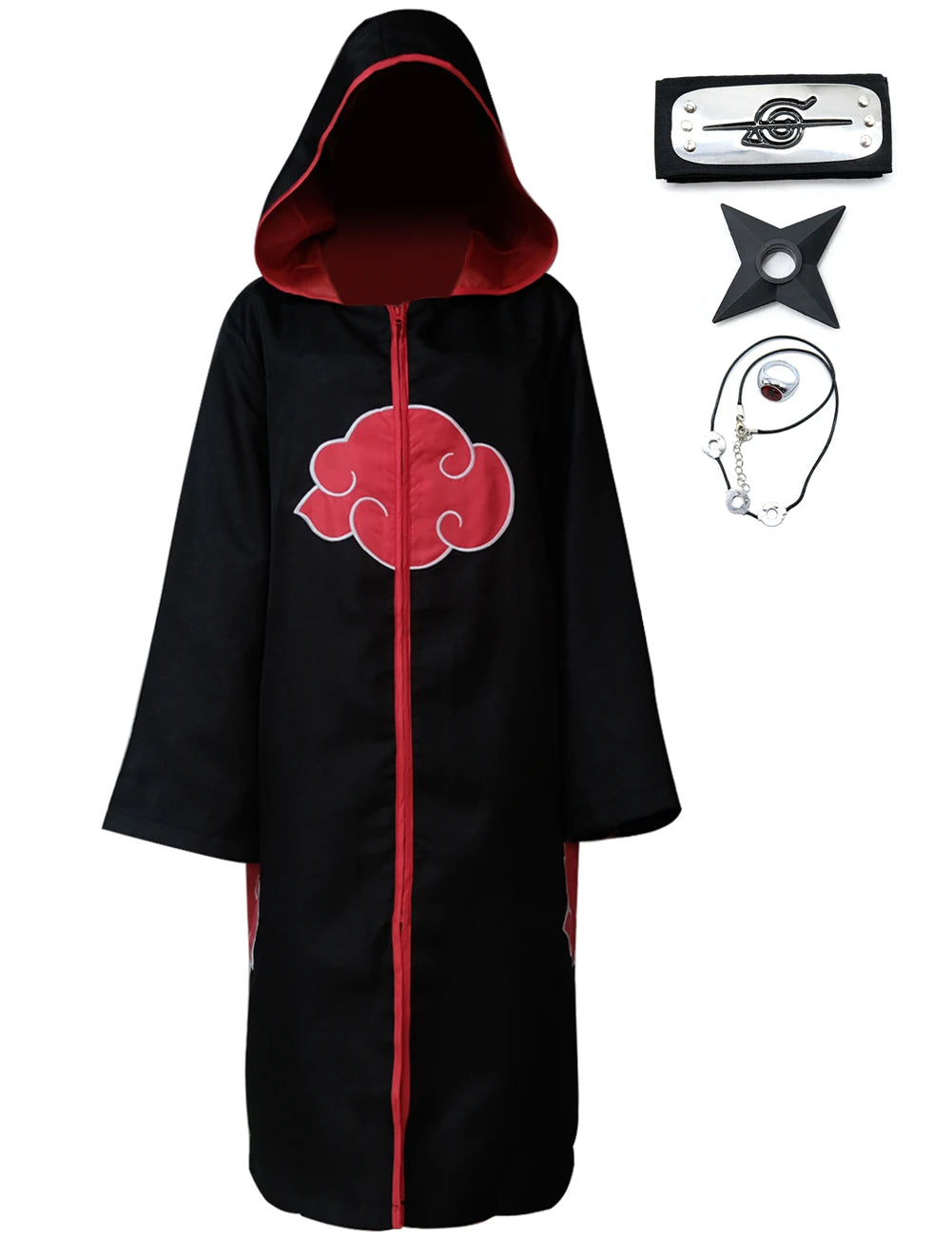 A long black Akatsuki Itachi Cloak cosplay costume featuring iconic red clouds and accessories, suitable for kids and adults for Halloween.
