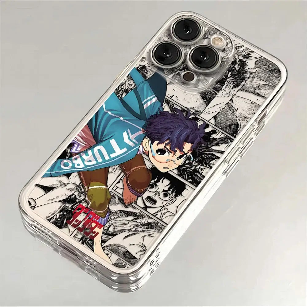 A transparent soft TPU Dandadan Phone Case featuring cute anime art of Okarun and Momo Ayase, compatible with Apple iPhone 16e, 15, and 14 Pro Max.