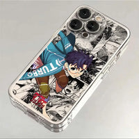 A transparent soft TPU Dandadan Phone Case featuring cute anime art of Okarun and Momo Ayase, compatible with Apple iPhone 16e, 15, and 14 Pro Max.