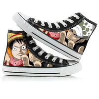 Trendy One Piece High-Top Canvas Shoes featuring creative anime pictures of Luffy, Zoro, Ace, and Chopper for men and women.