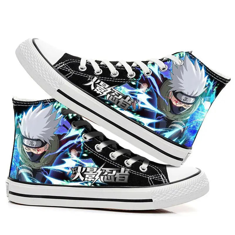 Trendy high-top Naruto Canvas Shoes featuring cool graffiti personality prints of Sasuke Uchiha, Itachi, and Kakashi for men and women.
