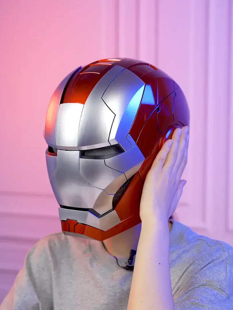 A wearable AutoKing Iron Man Helmet (Mk5) featuring voice-controlled opening face plates and glowing LED eyes for adult cosplay and display.
