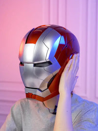 A wearable AutoKing Iron Man Helmet (Mk5) featuring voice-controlled opening face plates and glowing LED eyes for adult cosplay and display.