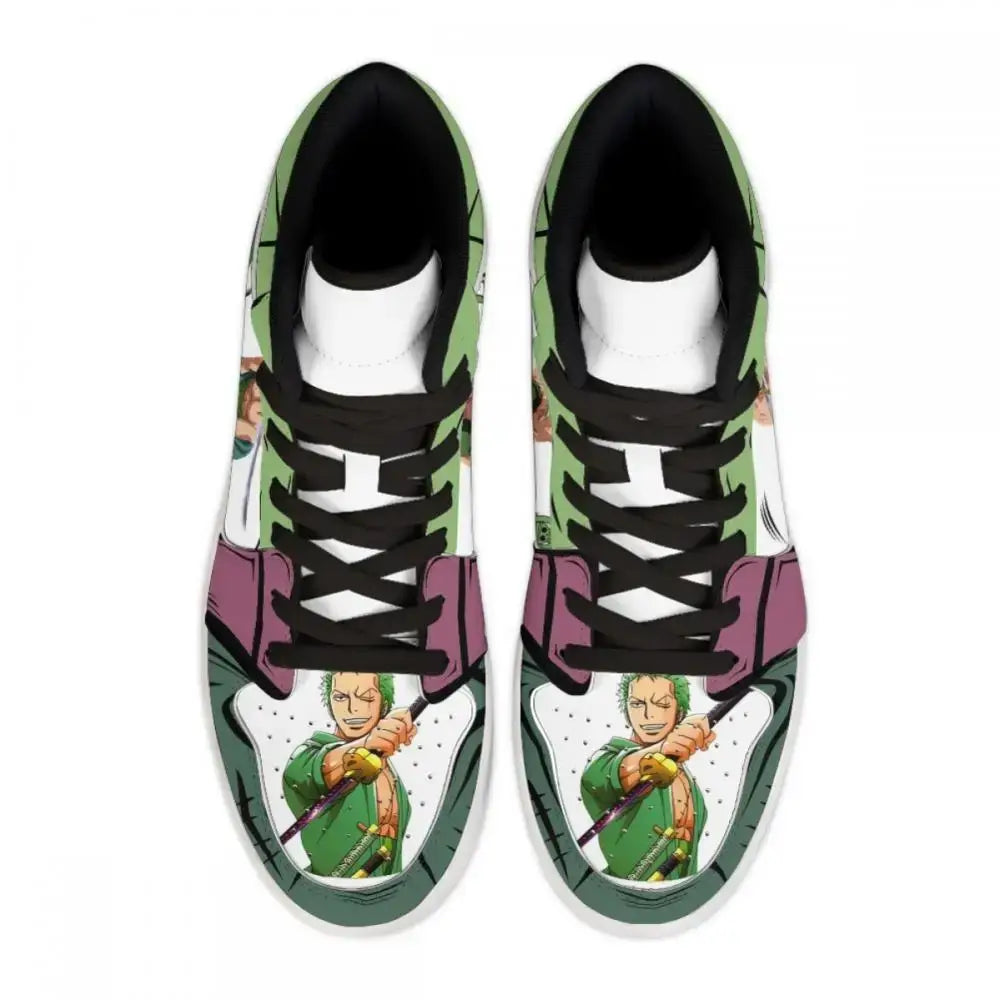 A pair of custom One Piece Basketball Shoes featuring anime designs of Luffy and Zoro, suitable as unisex sneakers.