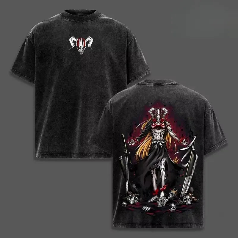 Bleach T-Shirt Vintage Washed Anime Streetwear oversized nylon-cotton blend Y2K hip-hop Bleach anime graphic washed finish applique unisex S to XXXL front view