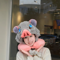 Inosuke Boar Head Plush Cosplay Neck Pillow U-shaped hooded travel blackout cloak anime prop