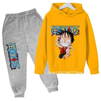 A comfortable One Piece Hoodie Set for kids featuring Monkey D. Luffy anime graphics, including a hoodie and pants 2-piece sports suit.