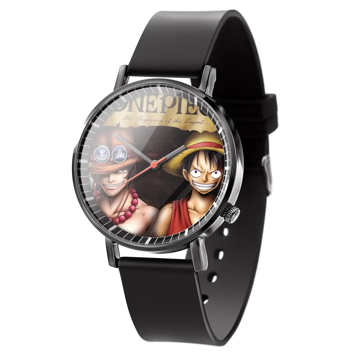 A colorful One Piece Luffy Watch featuring Fire Fist Ace anime action figure art on the dial, analog quartz movement for kids.