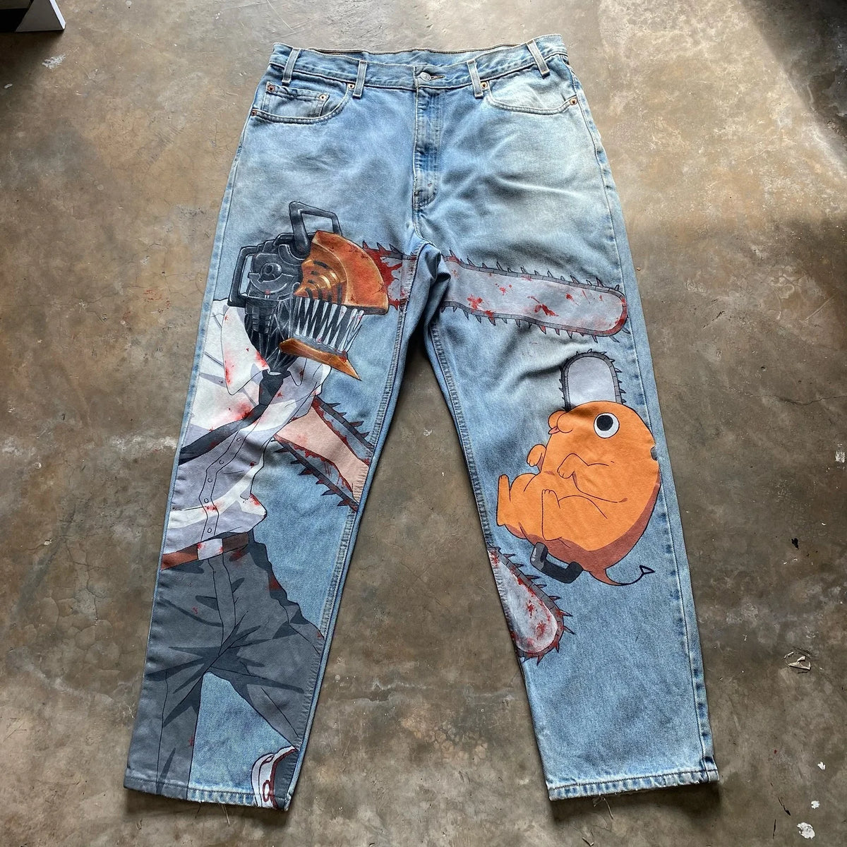 Anime Jeans featuring Y2K digital prints and unique artwork on wide leg denim, perfect for trendy streetwear.
