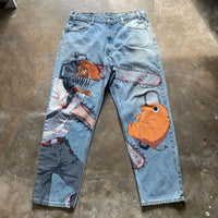 Anime Jeans featuring Y2K digital prints and unique artwork on wide leg denim, perfect for trendy streetwear.