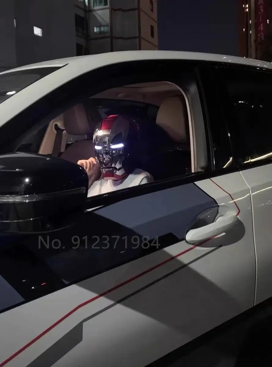 A wearable AutoKing Iron Man Helmet (Mk5) featuring voice-controlled opening face plates and glowing LED eyes for adult cosplay and display.