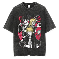 A vintage-washed black Chainsaw Man T-Shirt made of soft cotton, featuring a Denji graphic print, designed as oversized Harajuku streetwear.