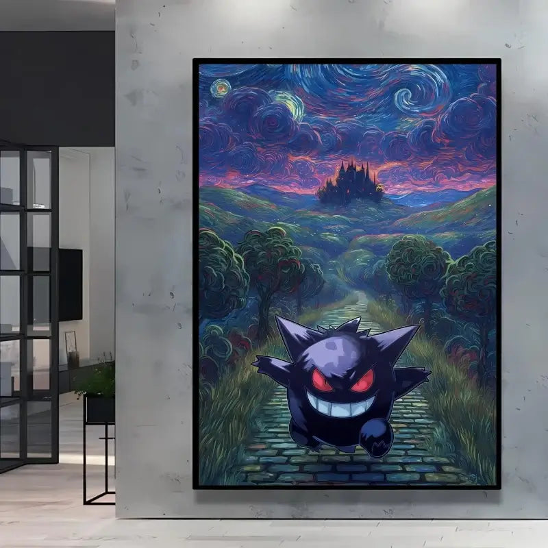 A stunning Van Gogh Pokemon Wall Art piece featuring Pikachu painted in a Starry Night impressionist style for unique home decoration.