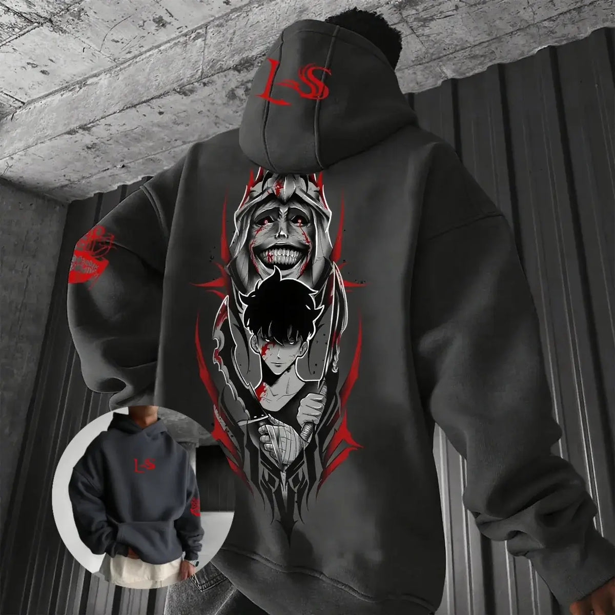 An oversized Solo Leveling Anime Hoodie featuring a dynamic graphic print of Sung Jin-Woo, styled as comfortable streetwear for men and women.