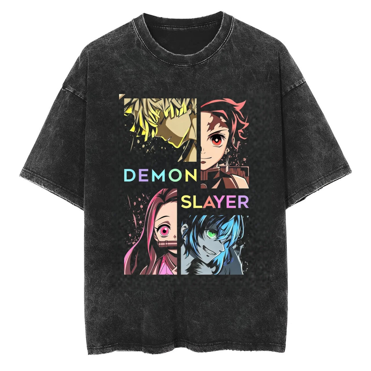 Demon Slayer T-Shirt Washed Tanjiro Nezuko worn by model casual streetwear outfit vintage anime fashion