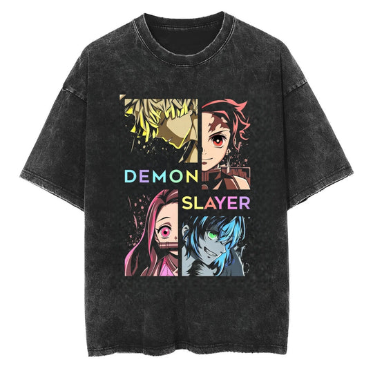 Demon Slayer T-Shirt Washed Tanjiro Nezuko vintage-washed cotton anime graphic tee Zenitsu Inosuke Kimetsu No Yaiba unisex adults kids front view