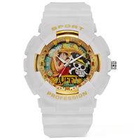 A waterproof One Piece Electronic Watch featuring colorful Monkey D. Luffy anime character art on a durable sports wristband for children.