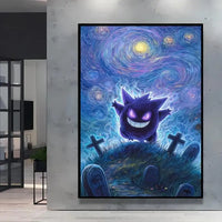 A stunning Van Gogh Pokemon Wall Art piece featuring Pikachu painted in a Starry Night impressionist style for unique home decoration.