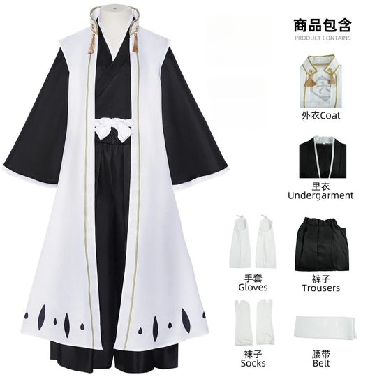 BLEACH Shinigami Cosplay Costume featuring a black and white coat, undergarment, trousers, gloves, and accessories.