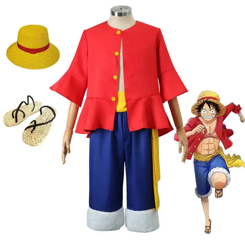 An adult wearing the 5-style Anime Monkey D Luffy Cosplay Costume from the Egghead arc, including the coat and hat.