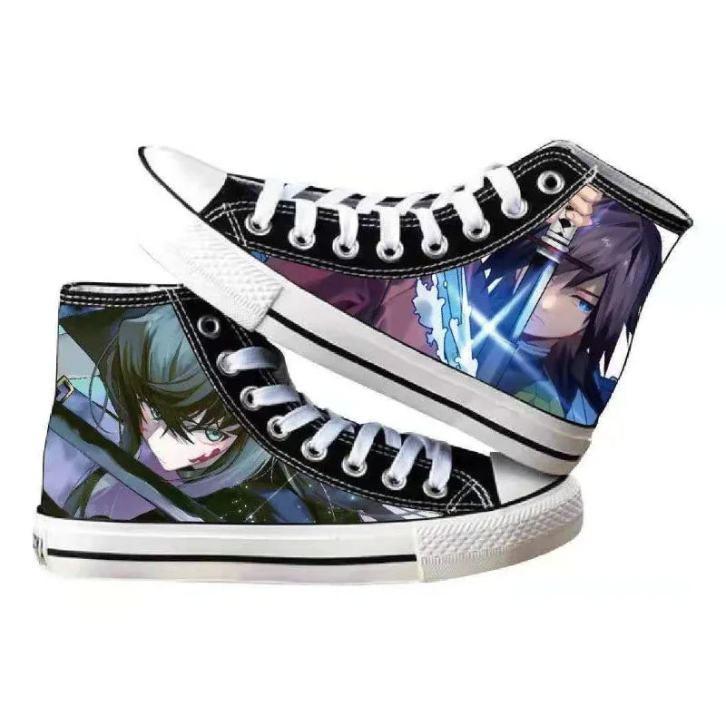 High-top Demon Slayer Canvas Shoes featuring Tanjiro Kamado and Jibaku Shounen Hanako-kun anime prints for casual fashion.