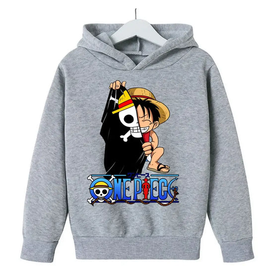 A 2025 New Anime One Piece Hoodies for Kids, a fashion Luffy pullover and hip hop coat for boys' clothing and cosplay.