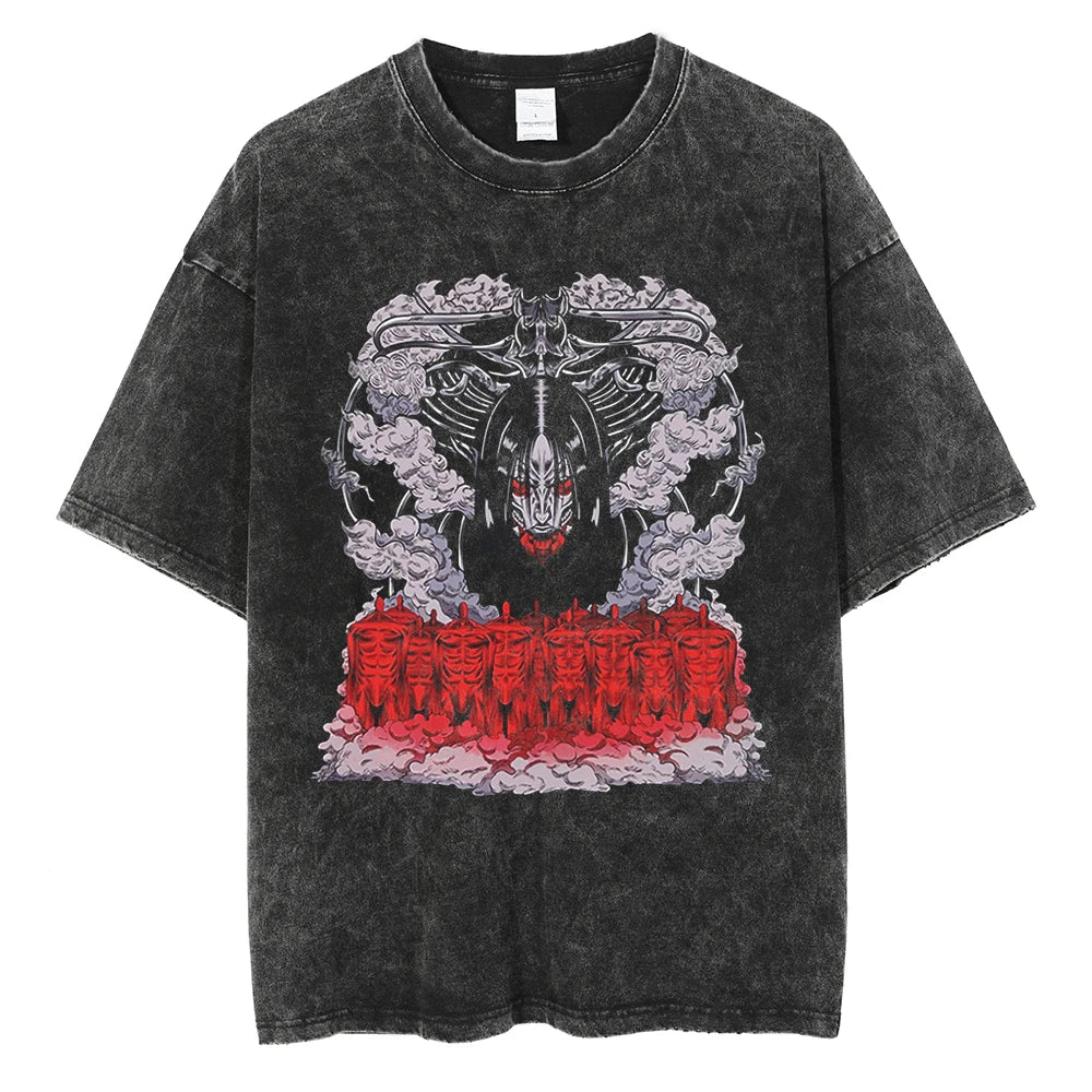 A vintage-washed Eren Jaeger T-Shirt featuring a gritty Attack on Titan manga graphic, styled as oversized Harajuku streetwear for men and women.