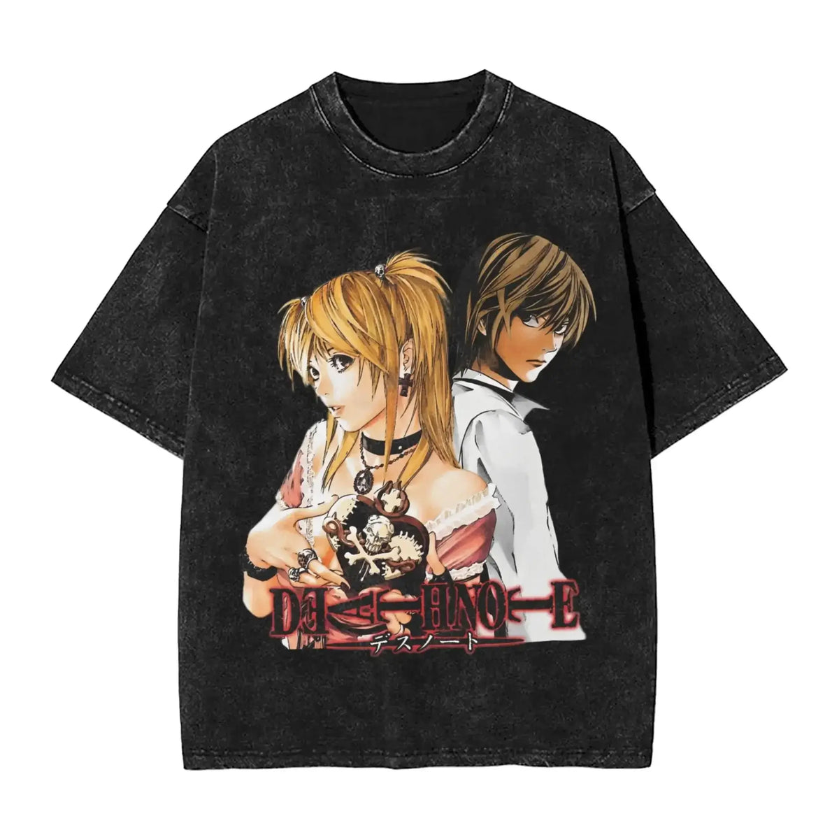 L Lawliet T-Shirt Death Note vintage washed cotton graphic tee with oversized fit O-neck collar and drop-shoulder short sleeves front view