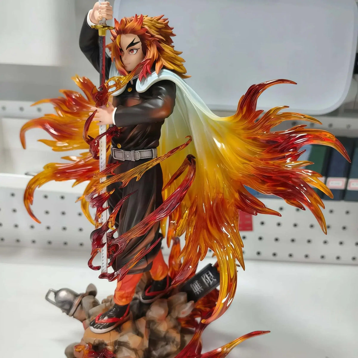 A highly detailed 30cm PVC Rengoku Kyoujurou Figure showcasing the Flame Hashira in a dynamic anime battle stance.