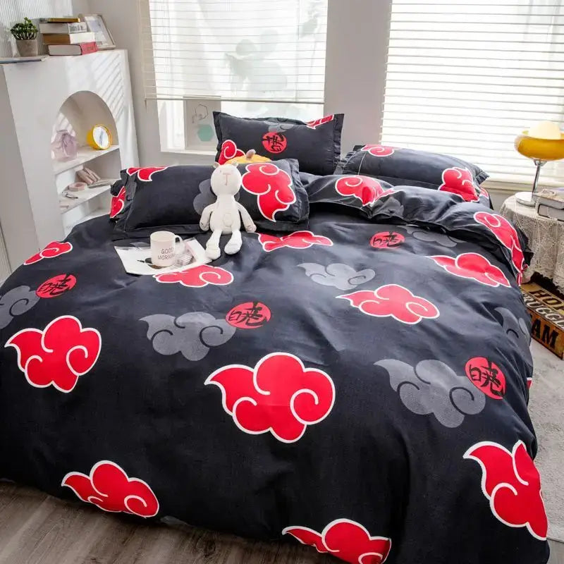 Naruto Akatsuki Bedding set with red cloud designs on duvet cover and pillows, perfect for anime fans.