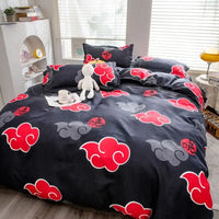 Naruto Akatsuki Bedding set with red cloud designs on duvet cover and pillows, perfect for anime fans.