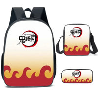 A pink Demon Slayer Backpack 3-piece set featuring Kamado Nezuko anime art, including a schoolbag, shoulder bag, and pencil case for students.