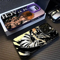 A shockproof Bleach Anime Phone Case featuring Ichigo Kurosaki and Rukia Kuchiki anime art, compatible with Apple iPhone 16e, 16, 15, and 14 Pro Max.