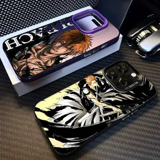 A shockproof Bleach Anime Phone Case featuring Ichigo Kurosaki and Rukia Kuchiki anime art, compatible with Apple iPhone 16e, 16, 15, and 14 Pro Max.