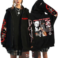 A unisex Bleach Zip Up Hoodie featuring 3D cosplay prints of Kurosaki Ichigo, Kyoraku Shunsui, and Hitsugaya Toshiro for anime fans.