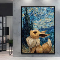 A stunning Van Gogh Pokemon Wall Art piece featuring Pikachu painted in a Starry Night impressionist style for unique home decoration.